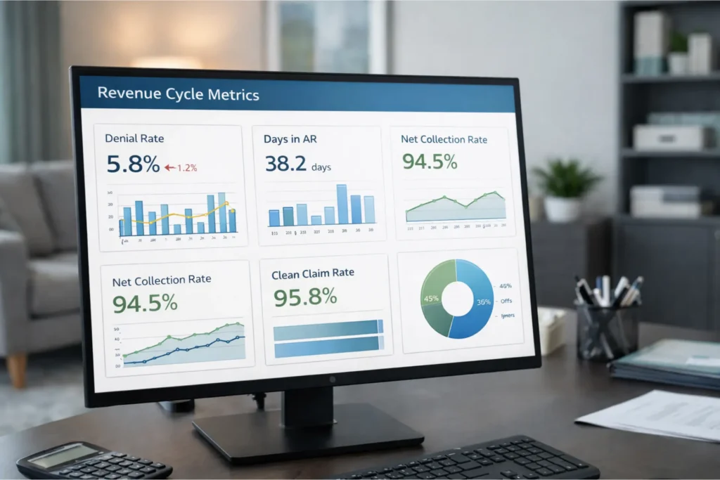 Behavioral health revenue cycle KPI dashboard showing denial rate and AR metrics