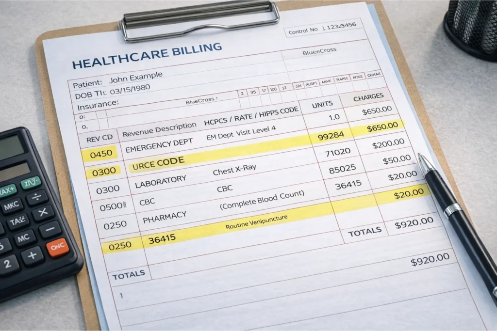UB-04 form with behavioral health revenue codes and CPT coding