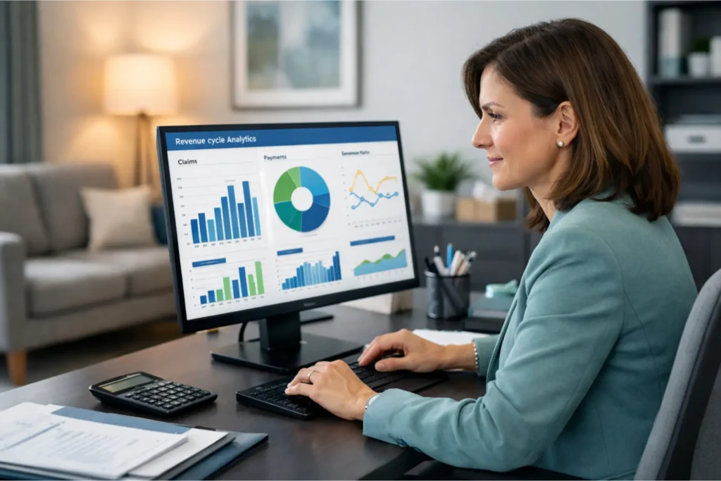 Mental health revenue cycle management dashboard with billing and analytics in a therapy clinic