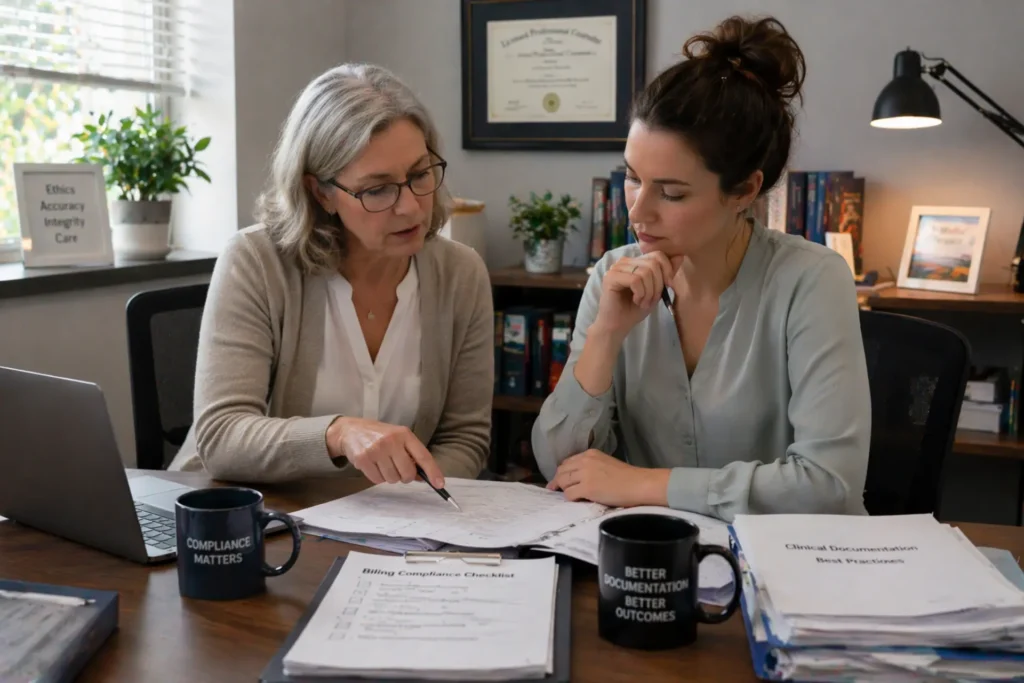 Supervisor and therapist discussing clinical supervision and billing compliance in office