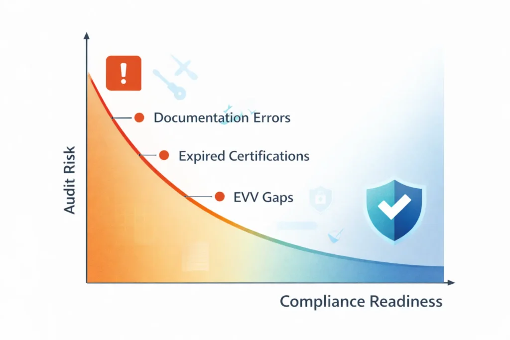 NEMT audit risk vs compliance readiness chart showing impact of missing documentation and compliance gaps