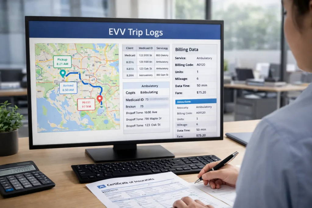NEMT billing documentation showing EVV GPS verification, trip logs, and Medicaid claim processing