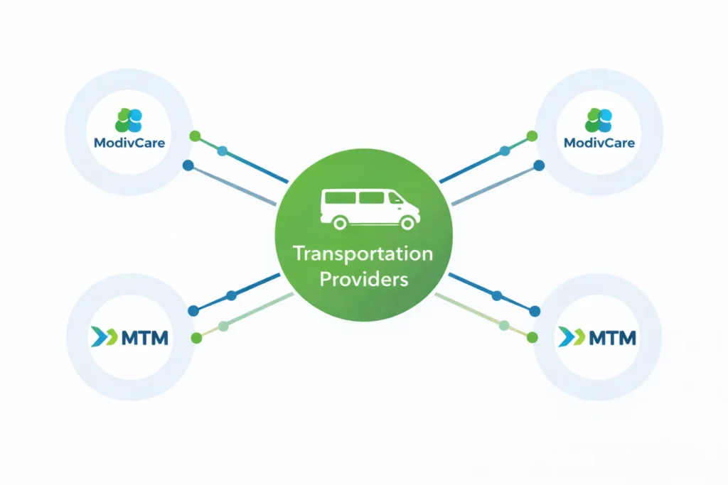 NEMT broker network including ModivCare MTM MAS Alivi Verida connections