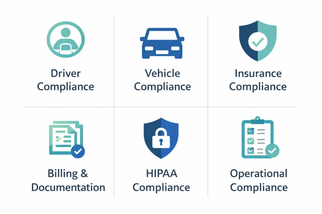 6 pillars of NEMT compliance including driver, vehicle, insurance, billing, HIPAA, and operational compliance