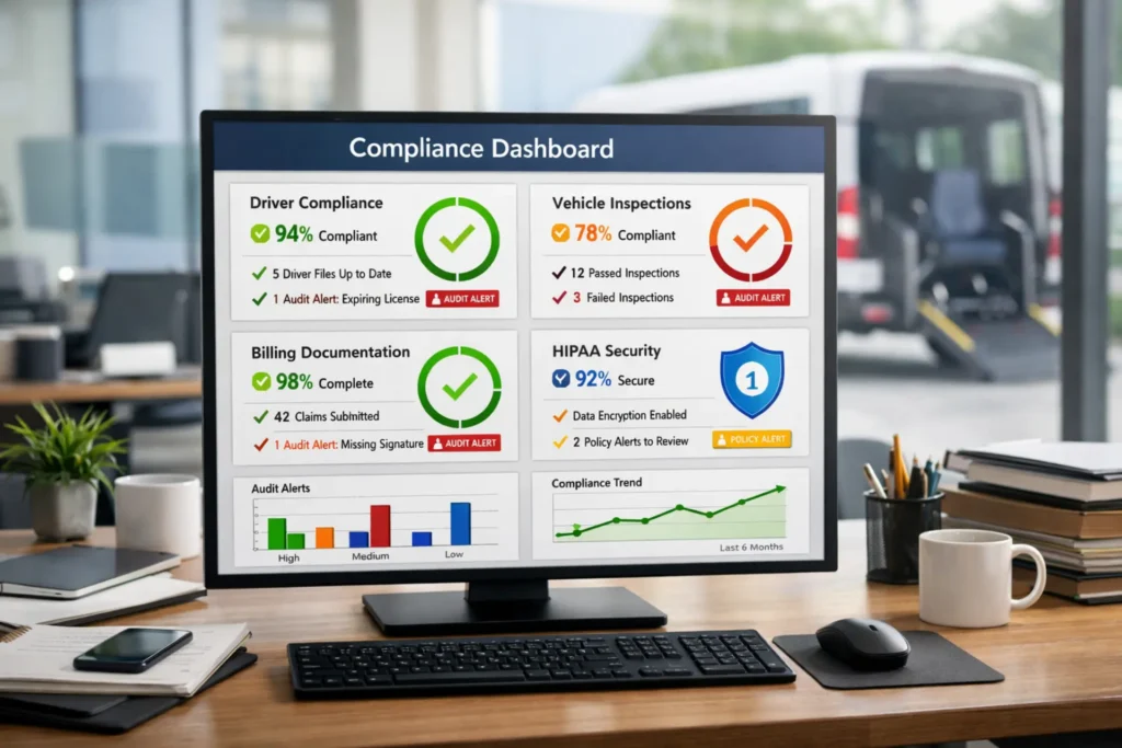NEMT compliance checklist 2026 dashboard showing driver, vehicle, billing, and HIPAA audit readiness