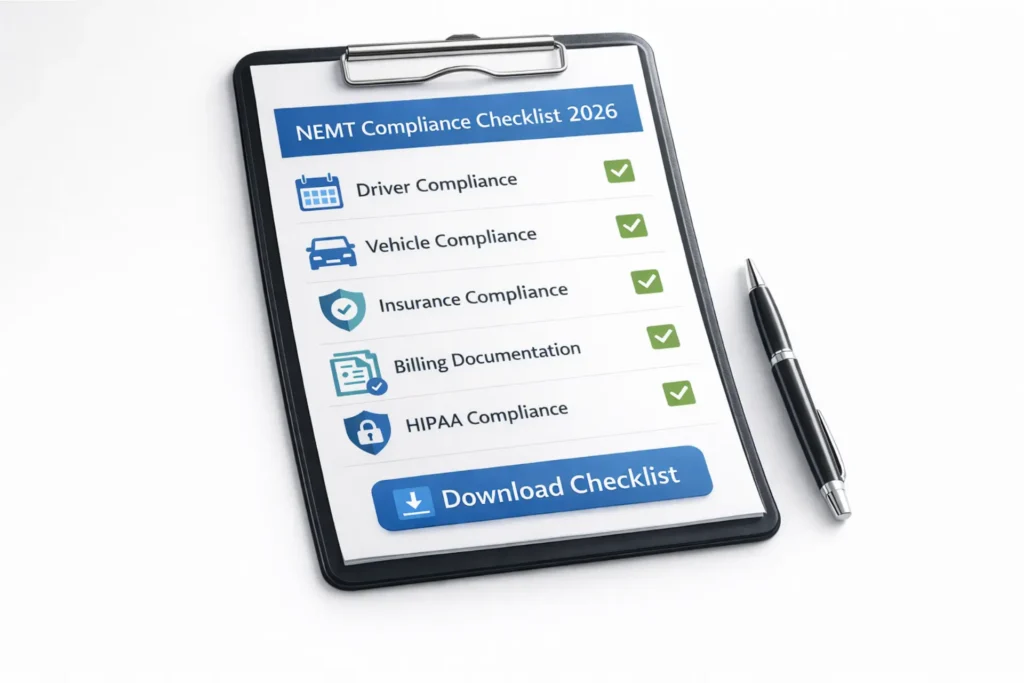 NEMT compliance checklist PDF download for audit readiness including driver, vehicle, billing, and HIPAA requirements