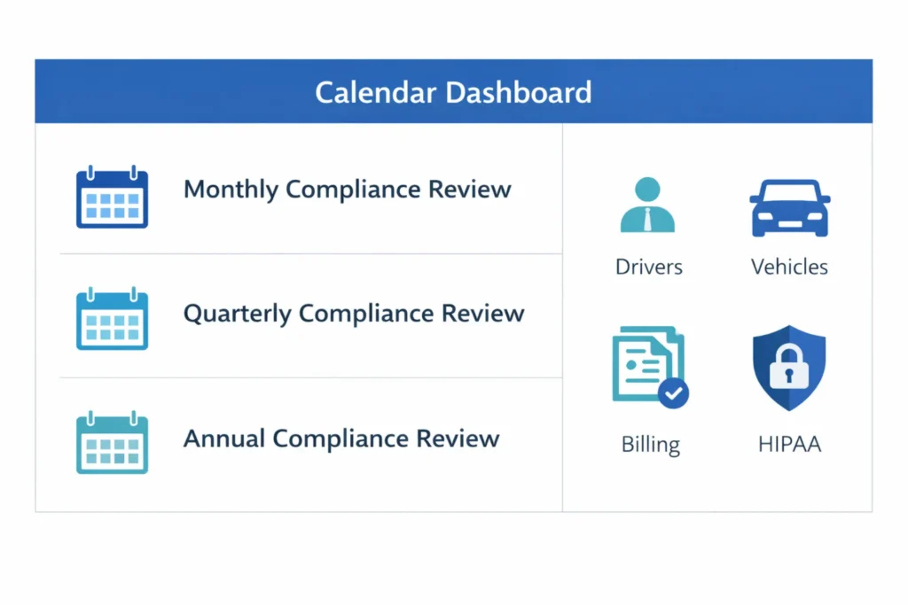 NEMT compliance review schedule showing monthly, quarterly, and annual audit process calendar