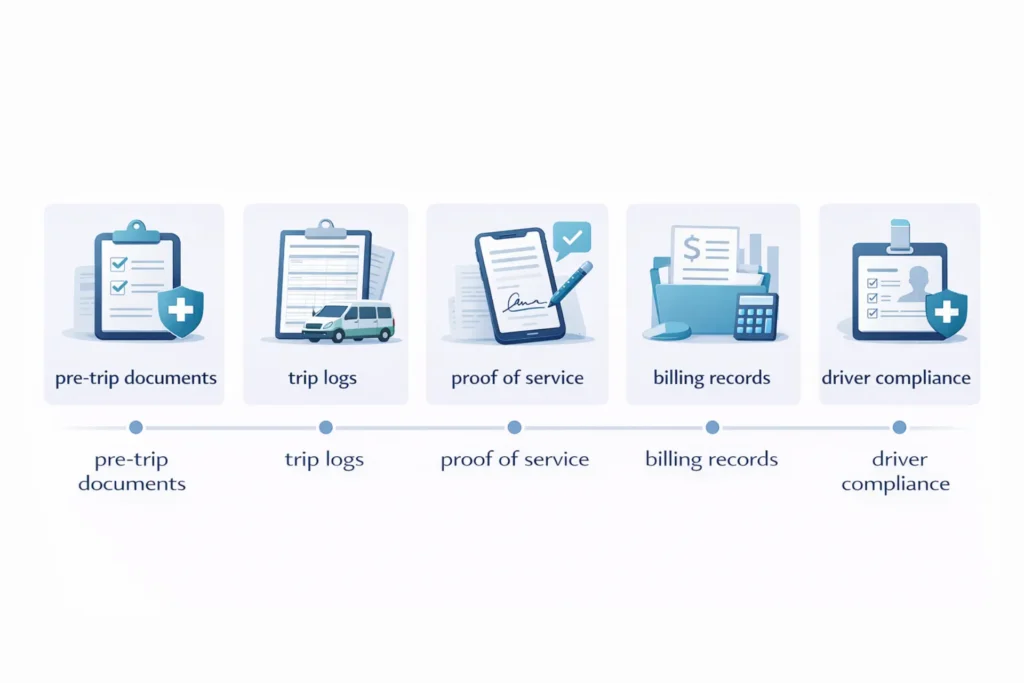 Five categories of NEMT documentation including pre-trip, trip logs, proof of service, billing, and compliance
