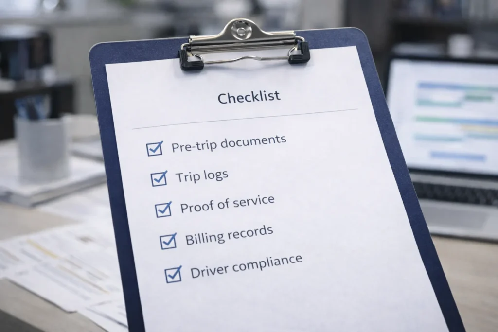 NEMT documentation checklist for compliance including trip logs, driver files, and billing documents