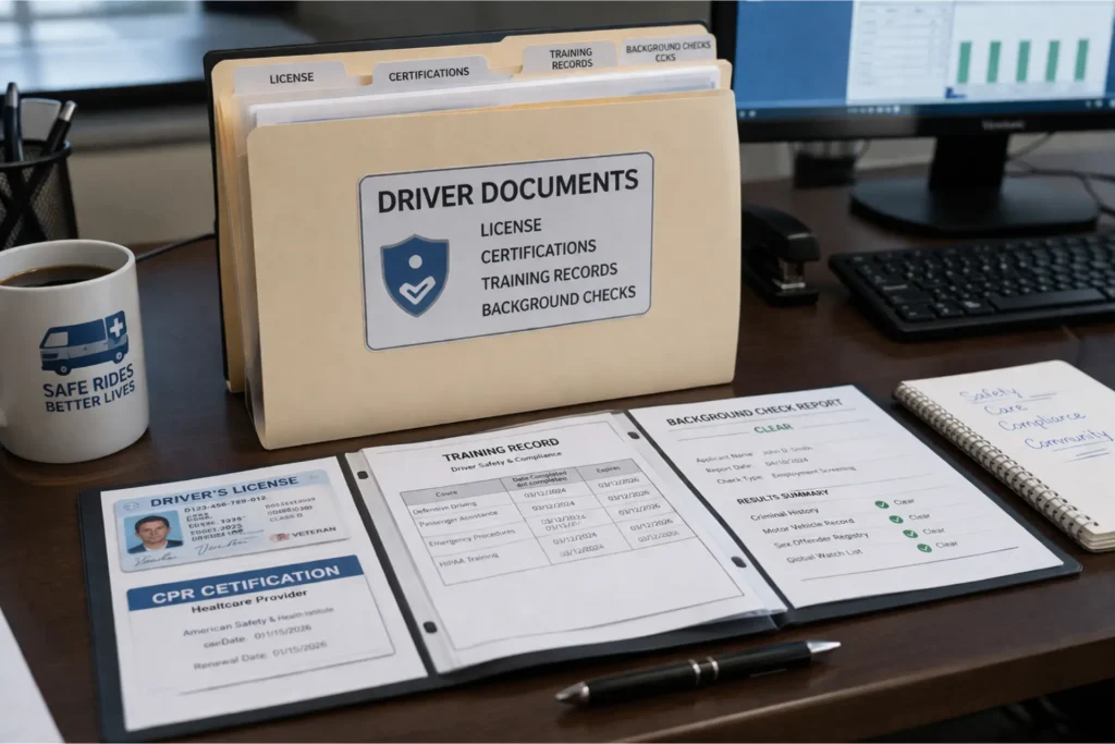 Driver qualification file with license, certifications, and compliance documents for NEMT drivers