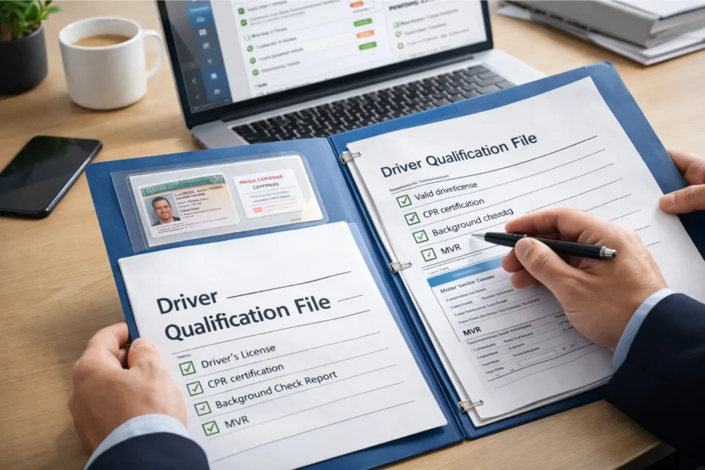 NEMT driver qualification file checklist with certifications, MVR, background check, and compliance documents