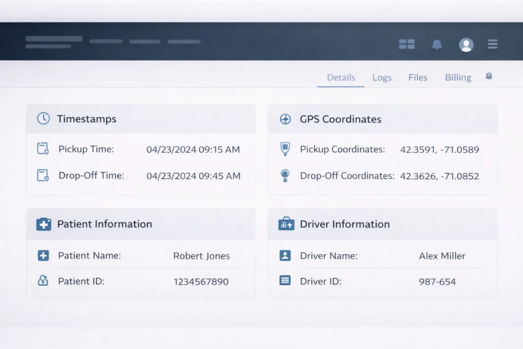 Electronic Visit Verification system capturing GPS, timestamps, patient ID, and service data for NEMT