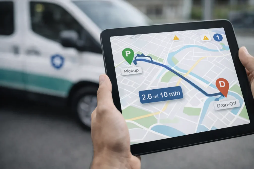 GPS tracking and EVV verification for NEMT transportation showing route and location tracking