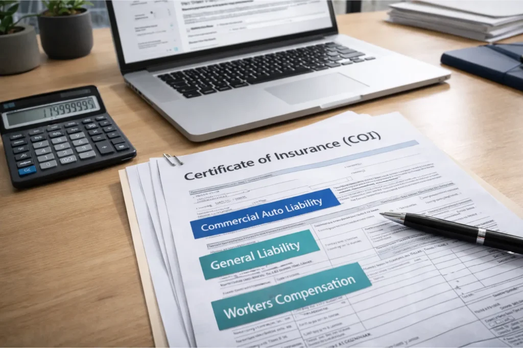 NEMT insurance compliance showing certificate of insurance with commercial auto and liability coverage