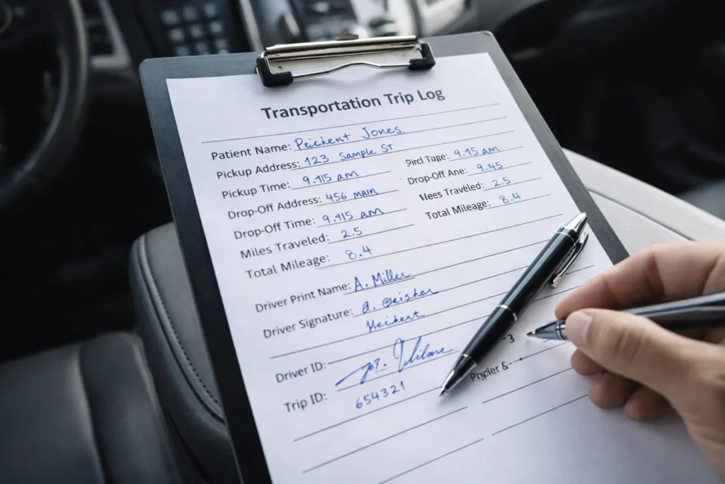 Example of a completed NEMT trip manifest with patient details, times, signatures, and mileage