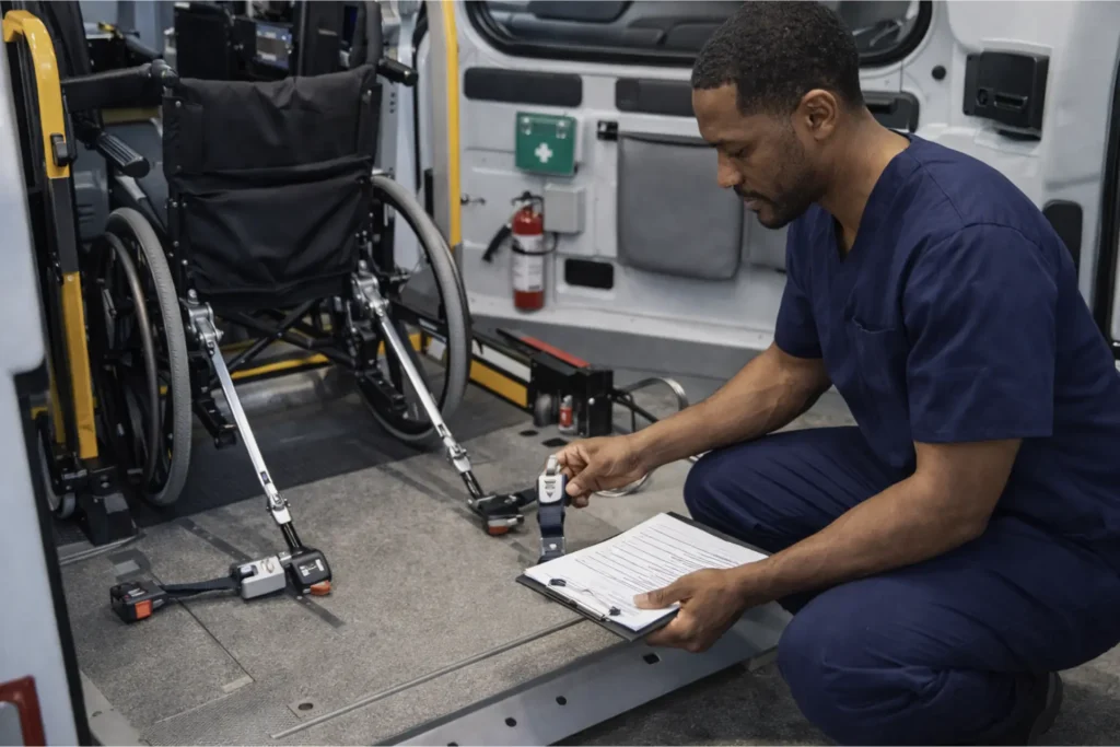 NEMT vehicle inspection and compliance check including wheelchair van safety equipment