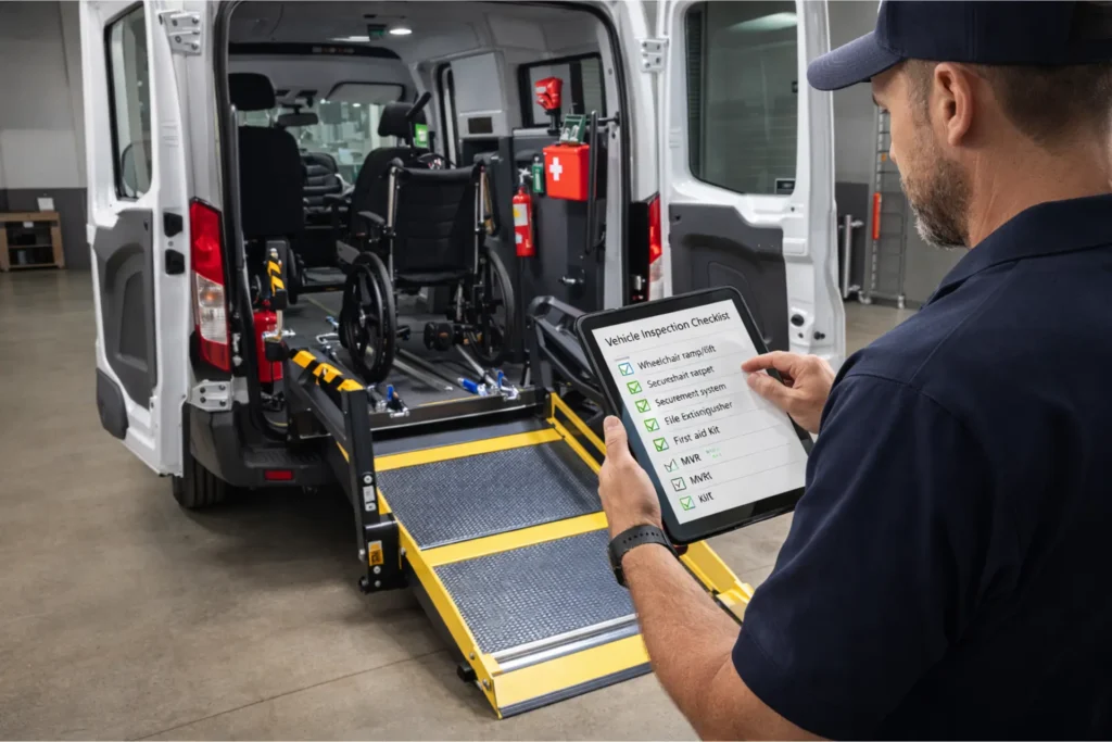 NEMT vehicle inspection checklist with ADA wheelchair van, safety equipment, and DVIR compliance process