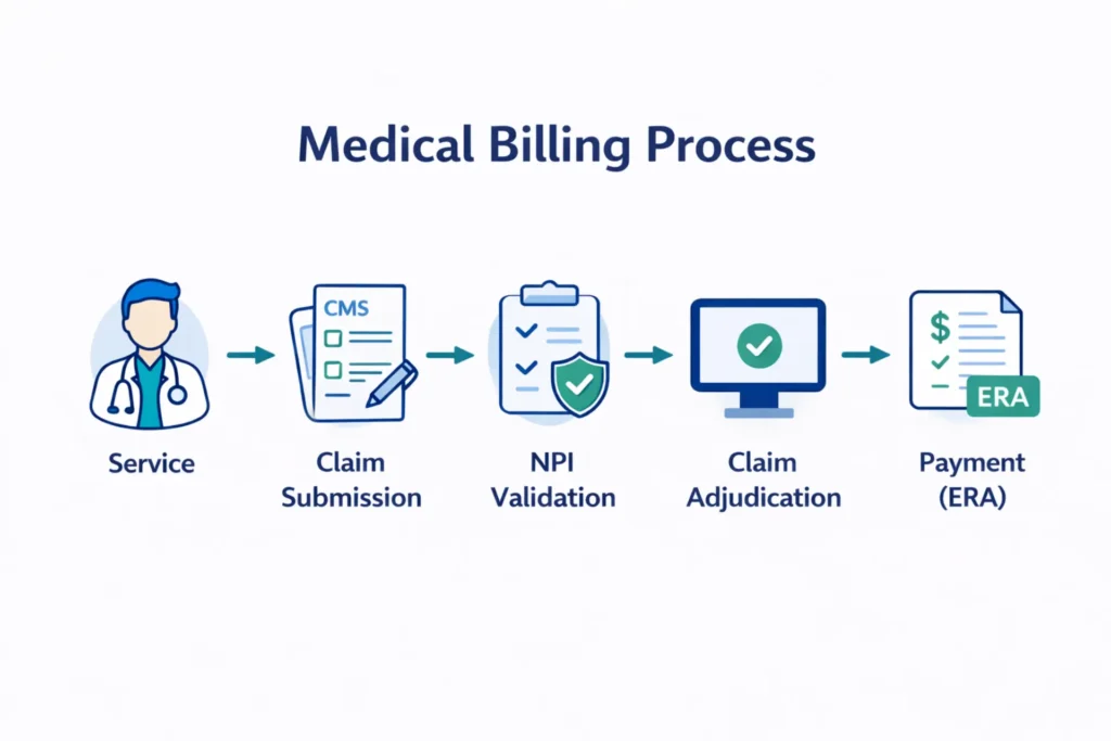 NPI billing workflow showing claim submission, validation, adjudication, and payment process for NEMT providers