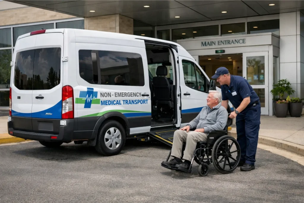 NPI number for NEMT providers guide showing medical transport van and billing process