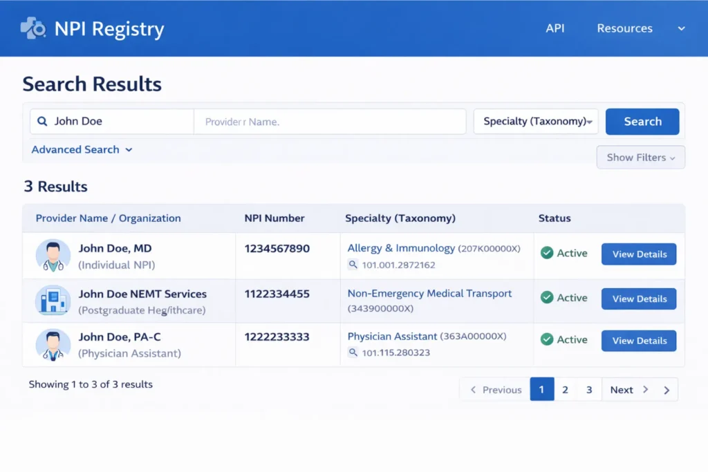 Example of NPPES NPI Registry search results showing provider name, NPI number, and status
