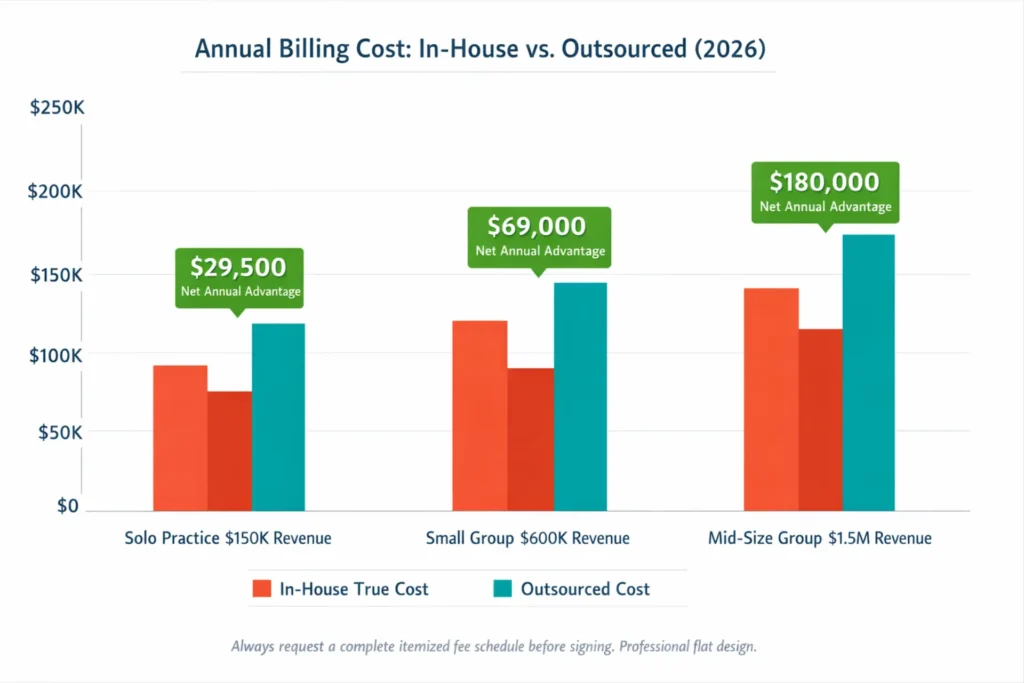 ROI comparison chart showing outsourced mental health billing versus in-house billing for solo small group and mid-size practice with net annual advantage figures