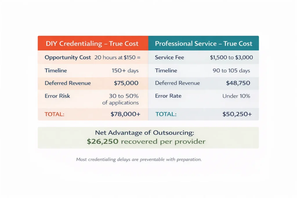ROI comparison chart showing DIY versus outsourced mental health credentialing costs including opportunity cost timeline savings and recovered revenue