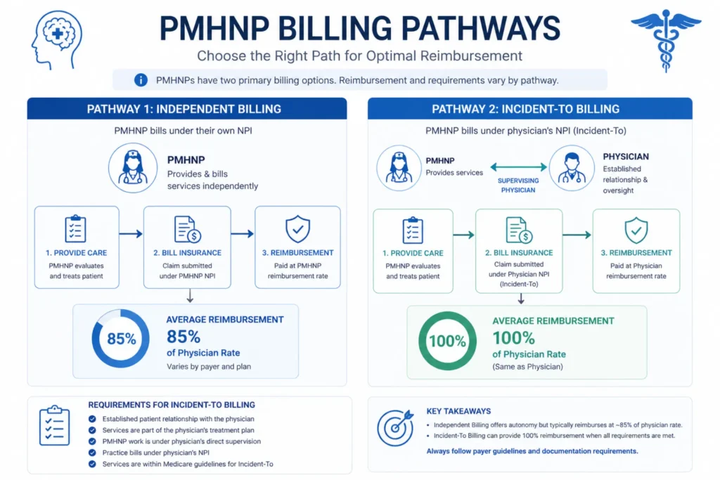 "PMHNP billing comparison independent billing versus incident to billing reimbursement differences"