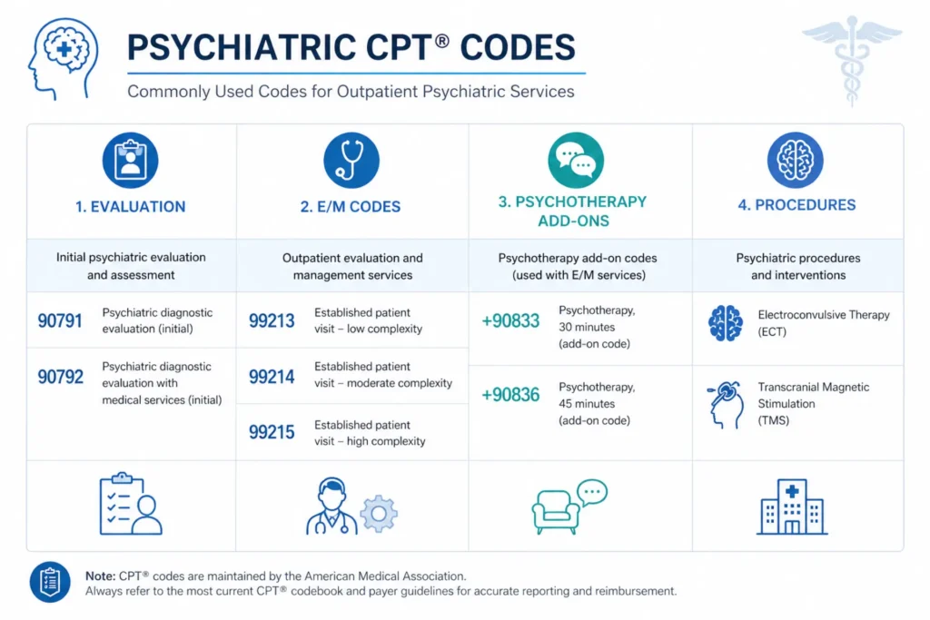 "Psychiatric billing CPT codes 2026 including 90792, E/M codes, psychotherapy add-ons and procedures"
