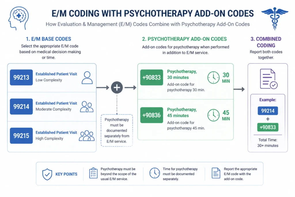 "E/M coding with psychotherapy add-on codes 90833 and 90836 in psychiatric billing"