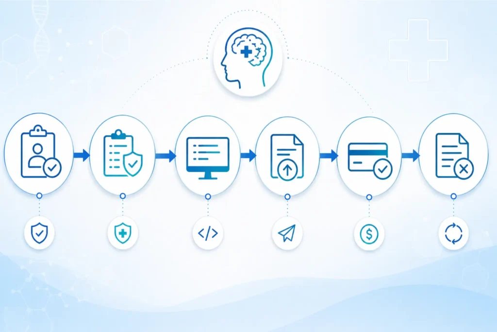 "Psychiatric billing revenue cycle workflow from eligibility verification to payment posting and denial management"
