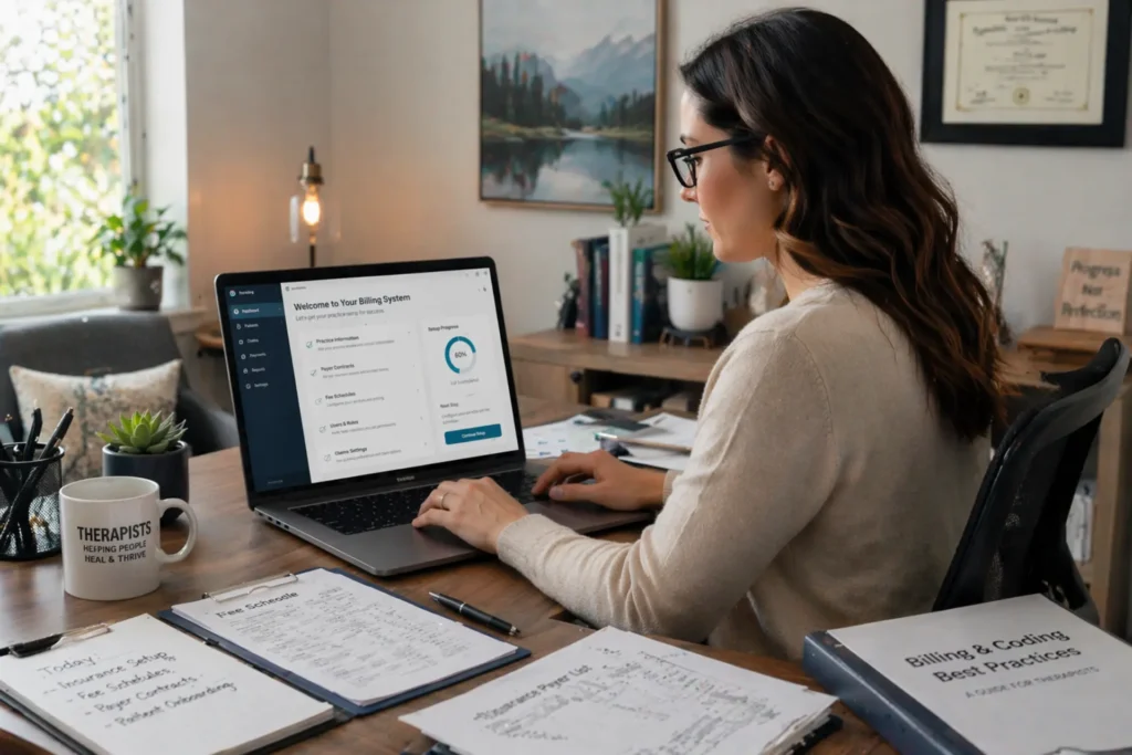 Solo therapist setting up billing system with laptop, documents, and healthcare software