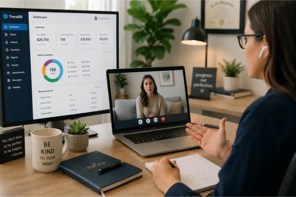 therapist conducting telehealth session with mental health billing system on screen