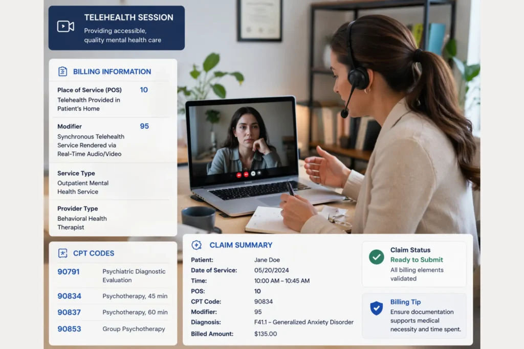 Telehealth mental health billing setup showing POS codes, modifiers, and remote sessions