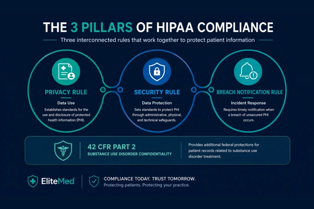 Three HIPAA rules applied to mental health billing — Privacy Rule, Security Rule, Breach Notification Rule