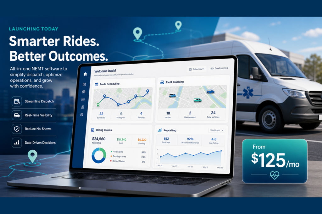 Affordable NEMT dispatch software dashboard with billing and claims from $125 per month