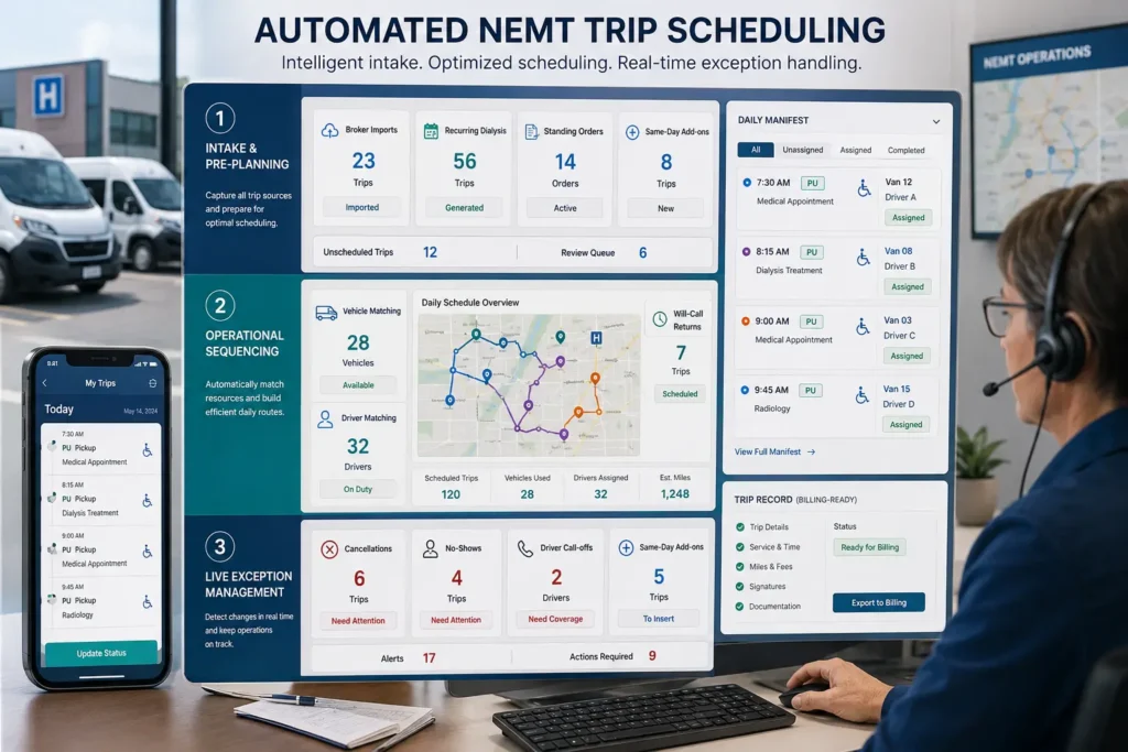 Automated NEMT trip scheduling for recurring trips same-day add-ons cancellations and will-calls
