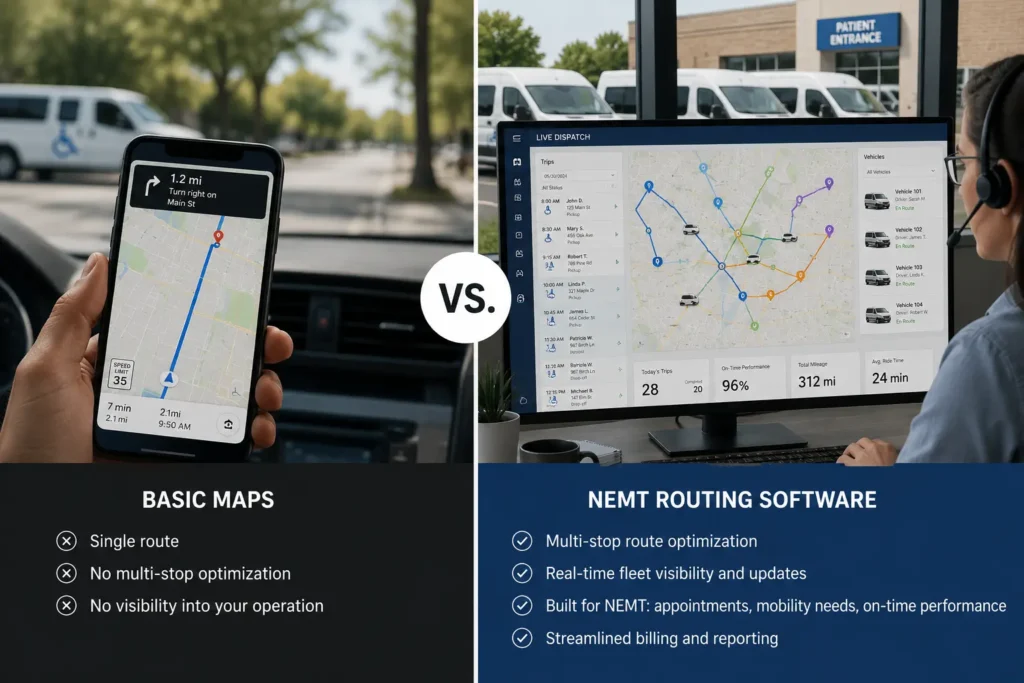 Comparison of basic maps and NEMT routing software for medical transportation operations