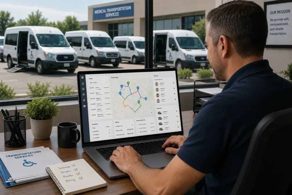 Small fleet using NEMT routing software to manage medical transportation routes and dispatch