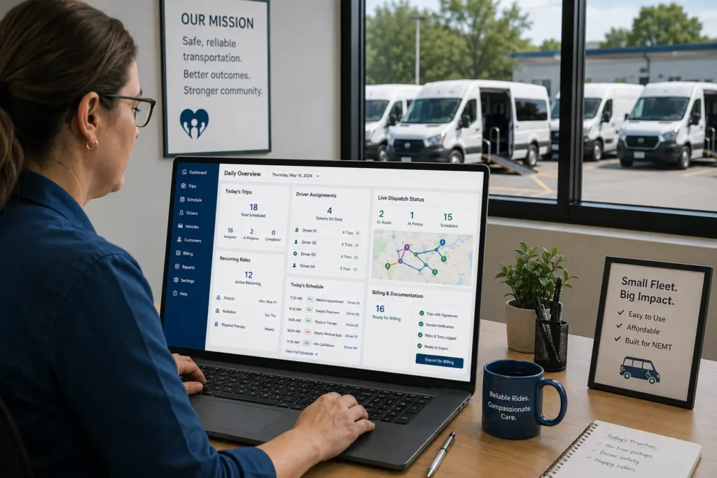 Small NEMT fleet using scheduling software for trips dispatch and billing