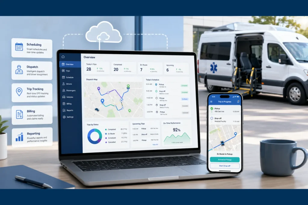 Cloud dispatch software NEMT showing web-based dispatch dashboard and driver mobile app