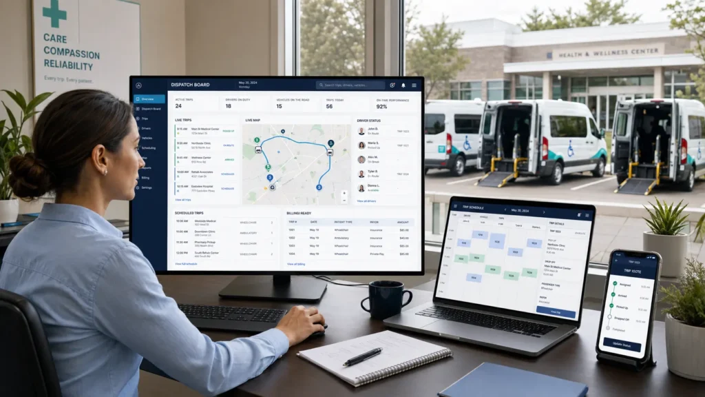 NEMT dispatch software dashboard showing routing driver tracking and billing workflow