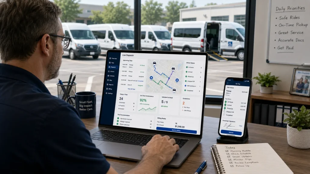 Small NEMT fleet using dispatch software for driver tracking documentation and billing handoff