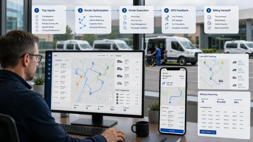 How NEMT route optimization software works from trip input to billing handoff