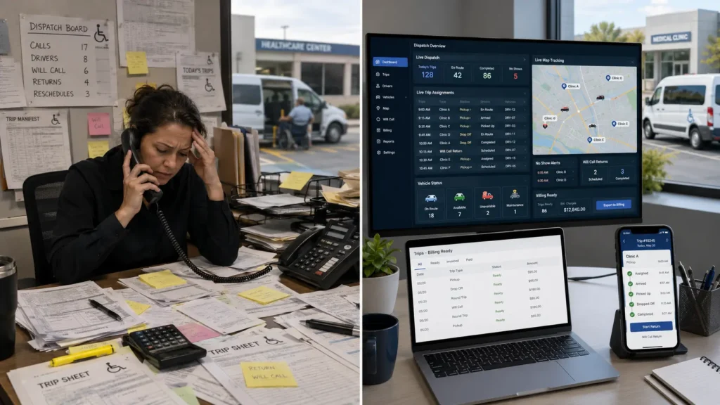 Manual NEMT dispatch compared with NEMT dispatch software dashboard