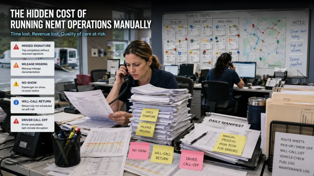 Manual NEMT operations causing dispatch delays missing documentation and billing problems