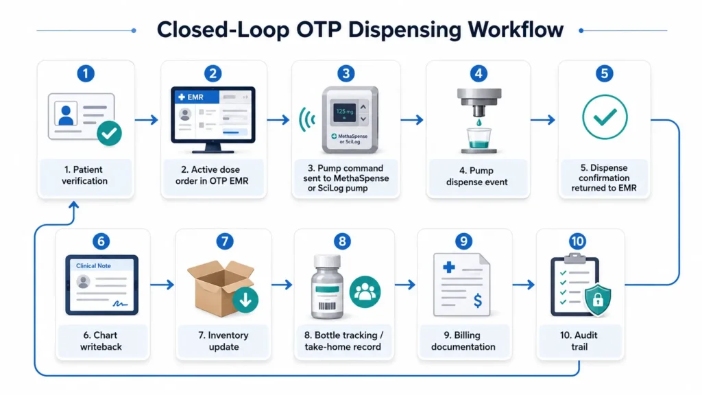 Closed-loop MethaSpense and SciLog OTP EMR integration diagram showing dose order to pump dispense to chart writeback to inventory and billing