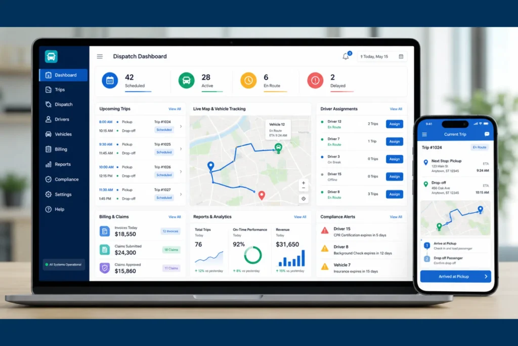 Cloud NEMT dispatch system dashboard with scheduling, driver app, billing, and analytics features