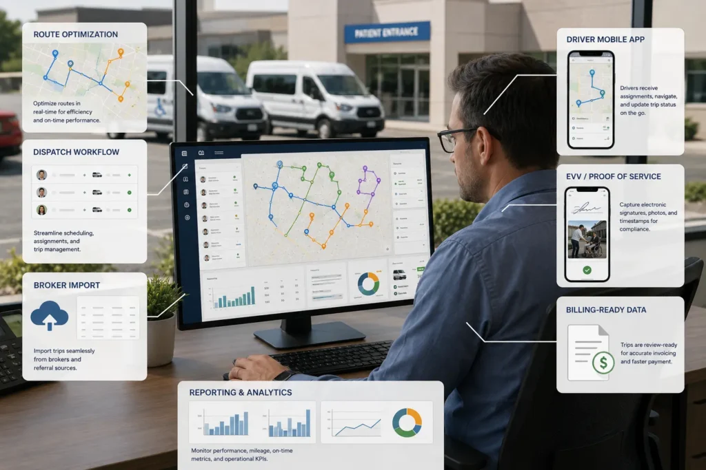 Must-have features in NEMT routing software including dispatch, GPS tracking, and billing handoff