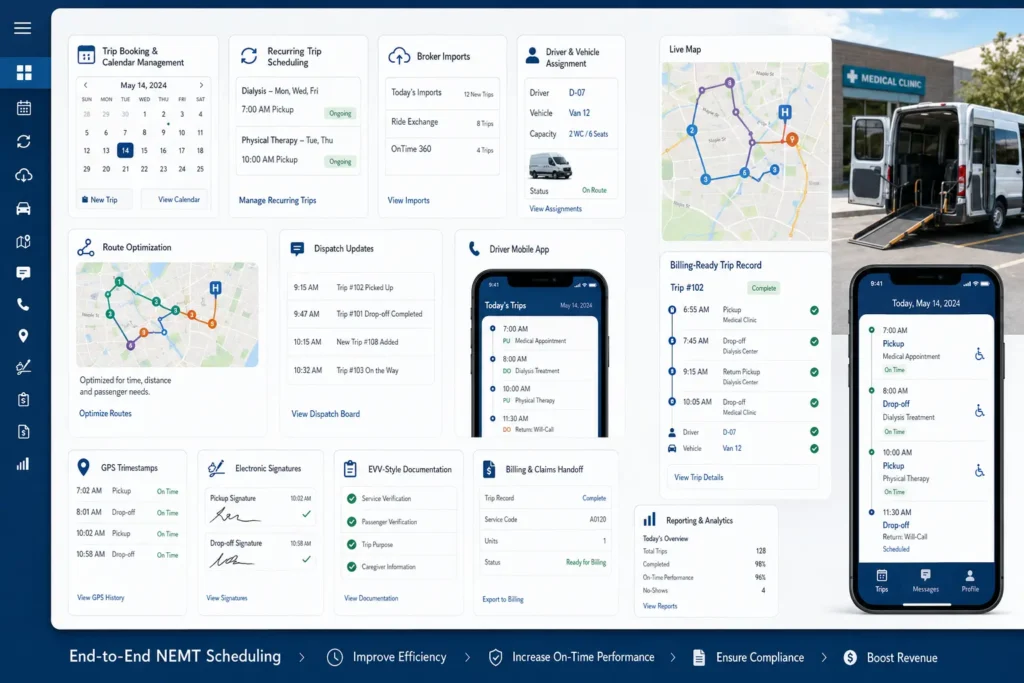 Must-have features in NEMT scheduling software including recurring trips broker imports driver app and billing handoff