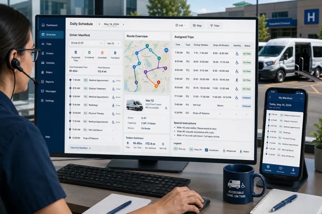 NEMT daily schedule software showing driver manifest and trip assignments